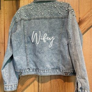 David's Bridal Wifey Blue Jean Jacket with Pearl Accents